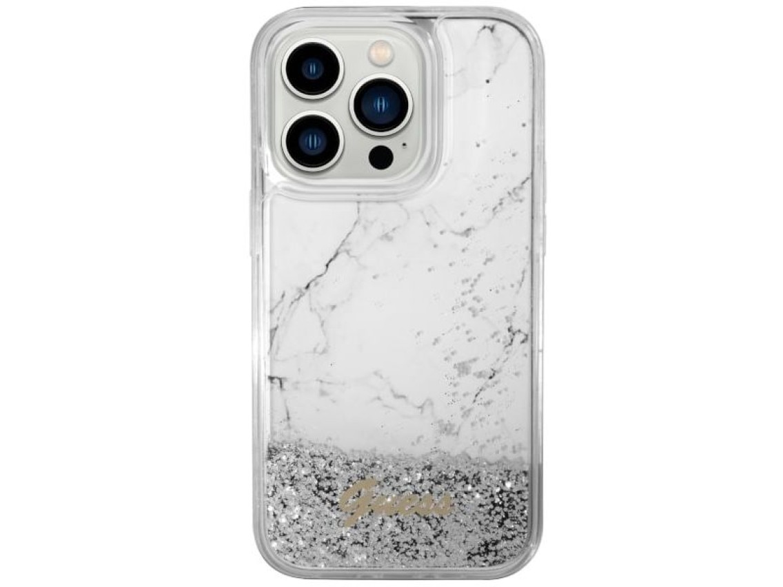 Capa rígida branca/branca com glitter líquido marmorizado Guess GUHCP14LLCSGSGH para iPhone 14 Pro d