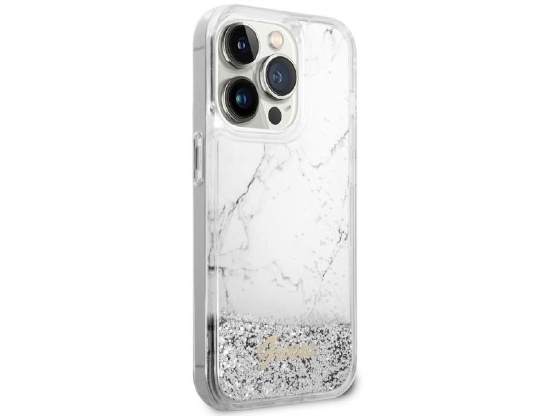 Capa rígida branca/branca com glitter líquido marmorizado Guess GUHCP14LLCSGSGH para iPhone 14 Pro d