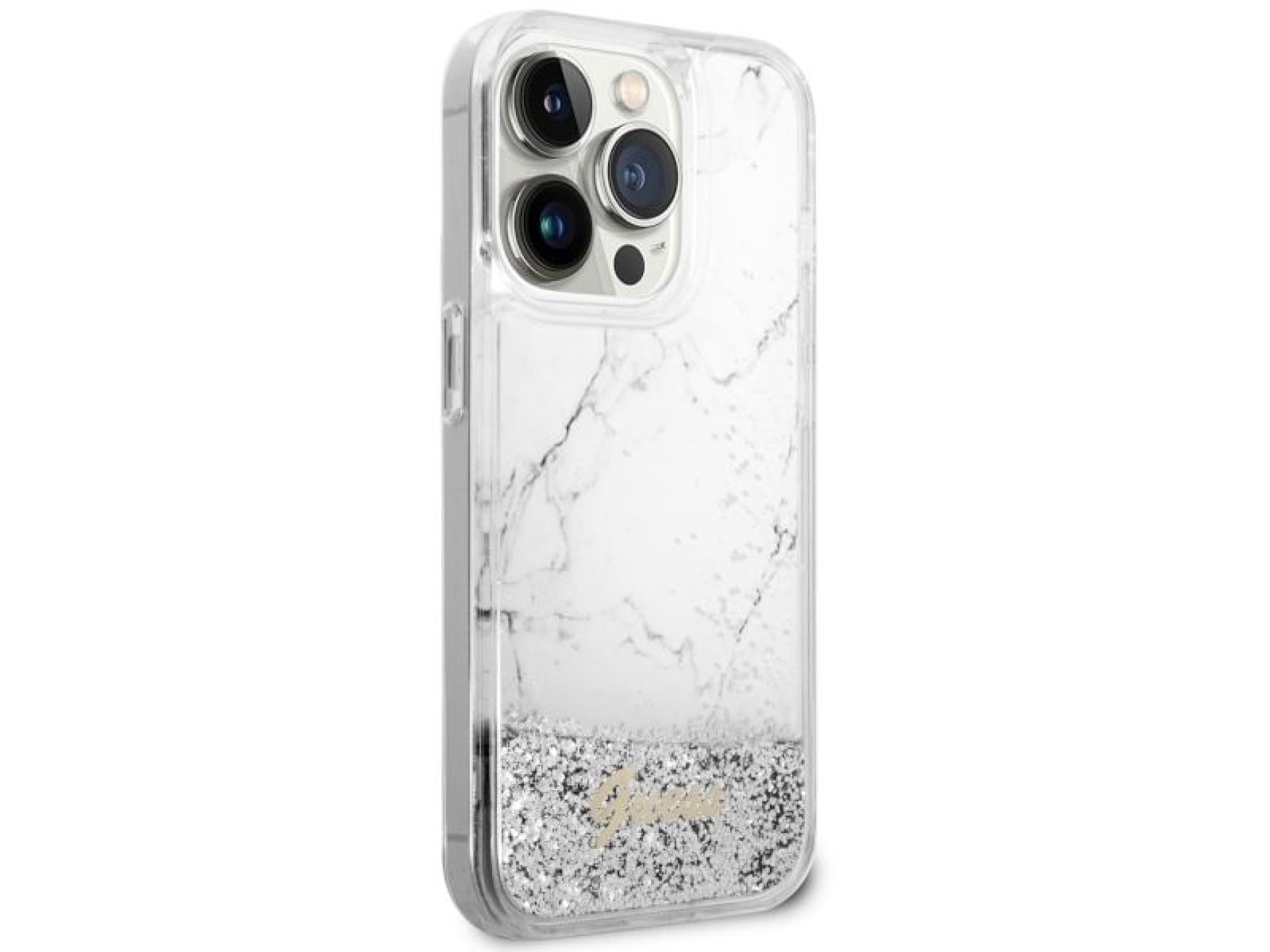 Capa rígida branca/branca com glitter líquido marmorizado Guess GUHCP14LLCSGSGH para iPhone 14 Pro d