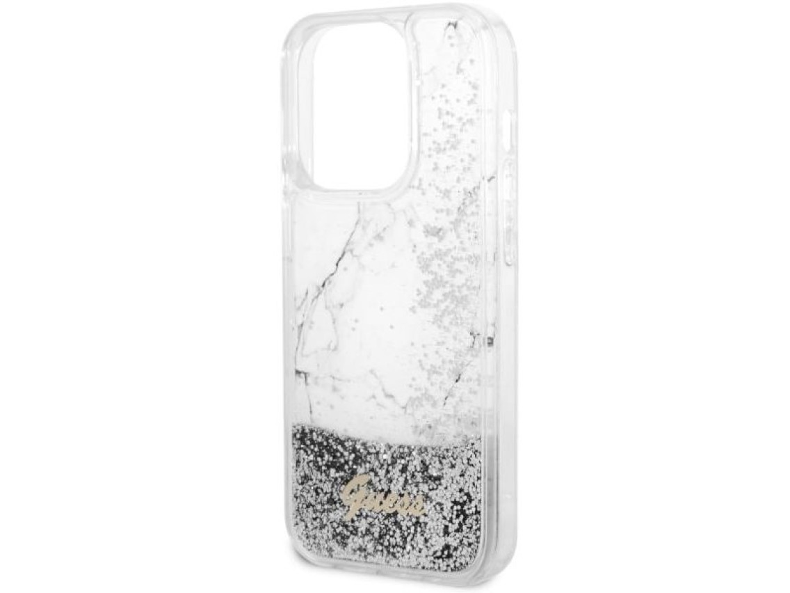 Capa rígida branca/branca com glitter líquido marmorizado Guess GUHCP14LLCSGSGH para iPhone 14 Pro d