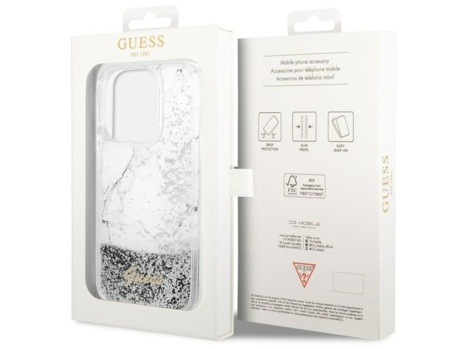 Capa rígida branca/branca com glitter líquido marmorizado Guess GUHCP14LLCSGSGH para iPhone 14 Pro d