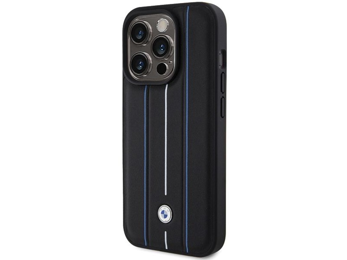 Funda de cuero BMW con estampado Blue Line para iPhone 15 Pro Max - Negra