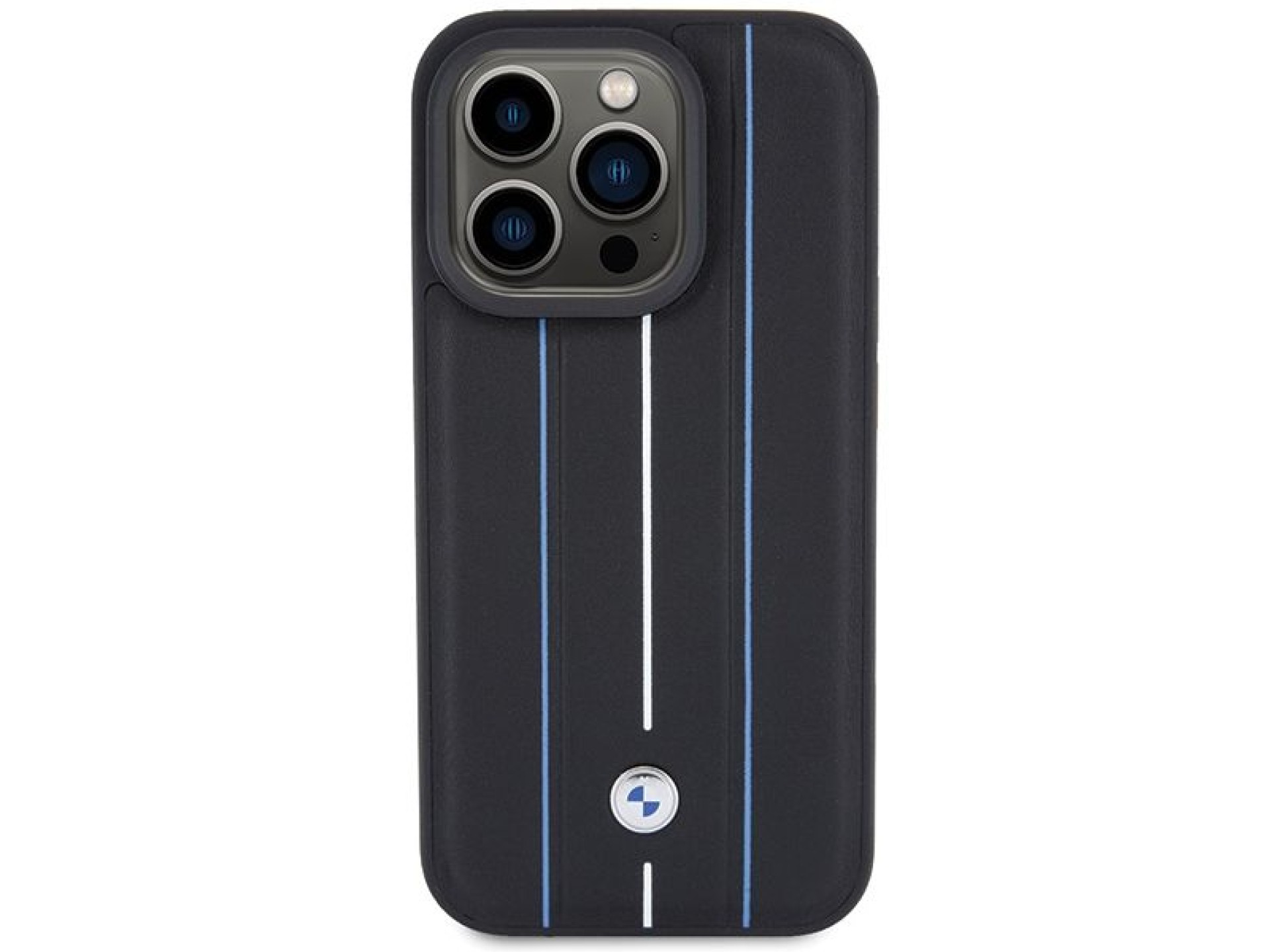 Funda de cuero BMW con estampado Blue Line para iPhone 15 Pro Max - Negra