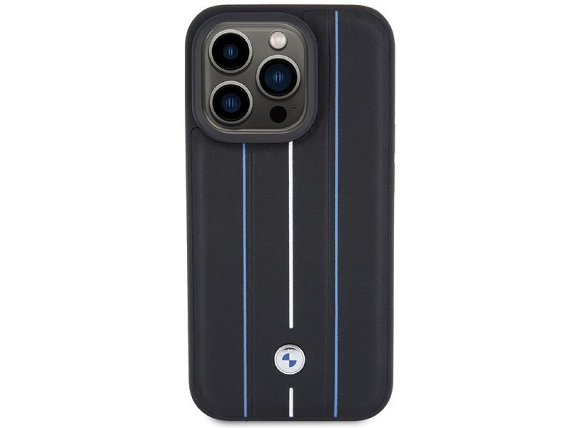 Funda de cuero BMW con estampado Blue Line para iPhone 15 Pro Max - Negra