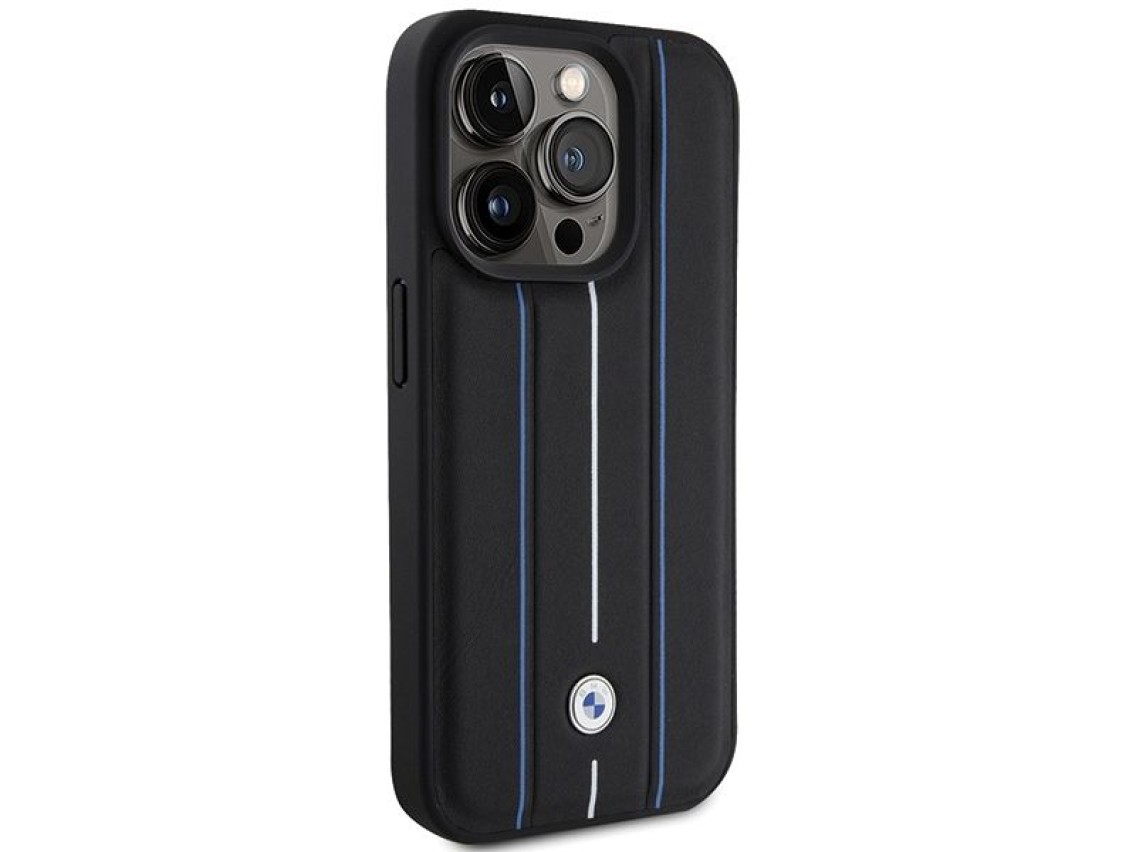Funda de cuero BMW con estampado Blue Line para iPhone 15 Pro Max - Negra