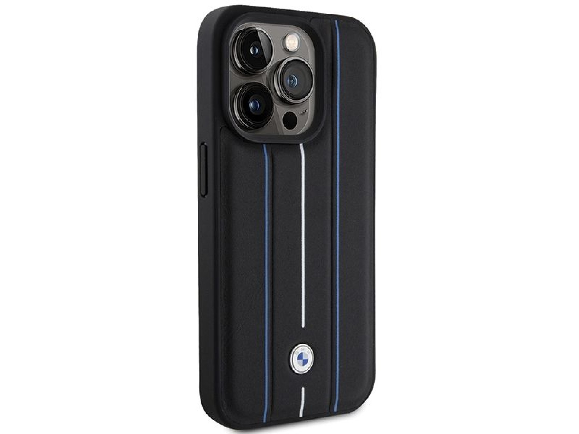 Funda de cuero BMW con estampado Blue Line para iPhone 15 Pro Max - Negra