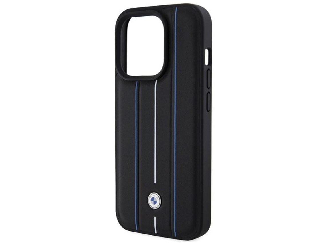 Funda de cuero BMW con estampado Blue Line para iPhone 15 Pro Max - Negra