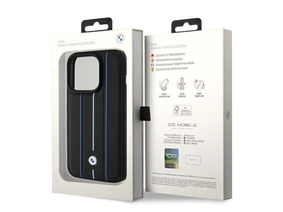 Funda de cuero BMW con estampado Blue Line para iPhone 15 Pro Max - Negra