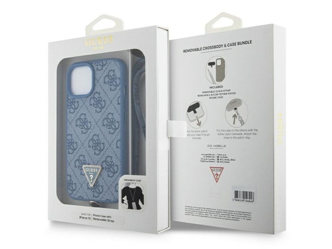 Funda rígida azul para iPhone 15 de 6,1" de Guess GUHCP15SP4TDSCPB, bandolera, 4G, logotipo metálico