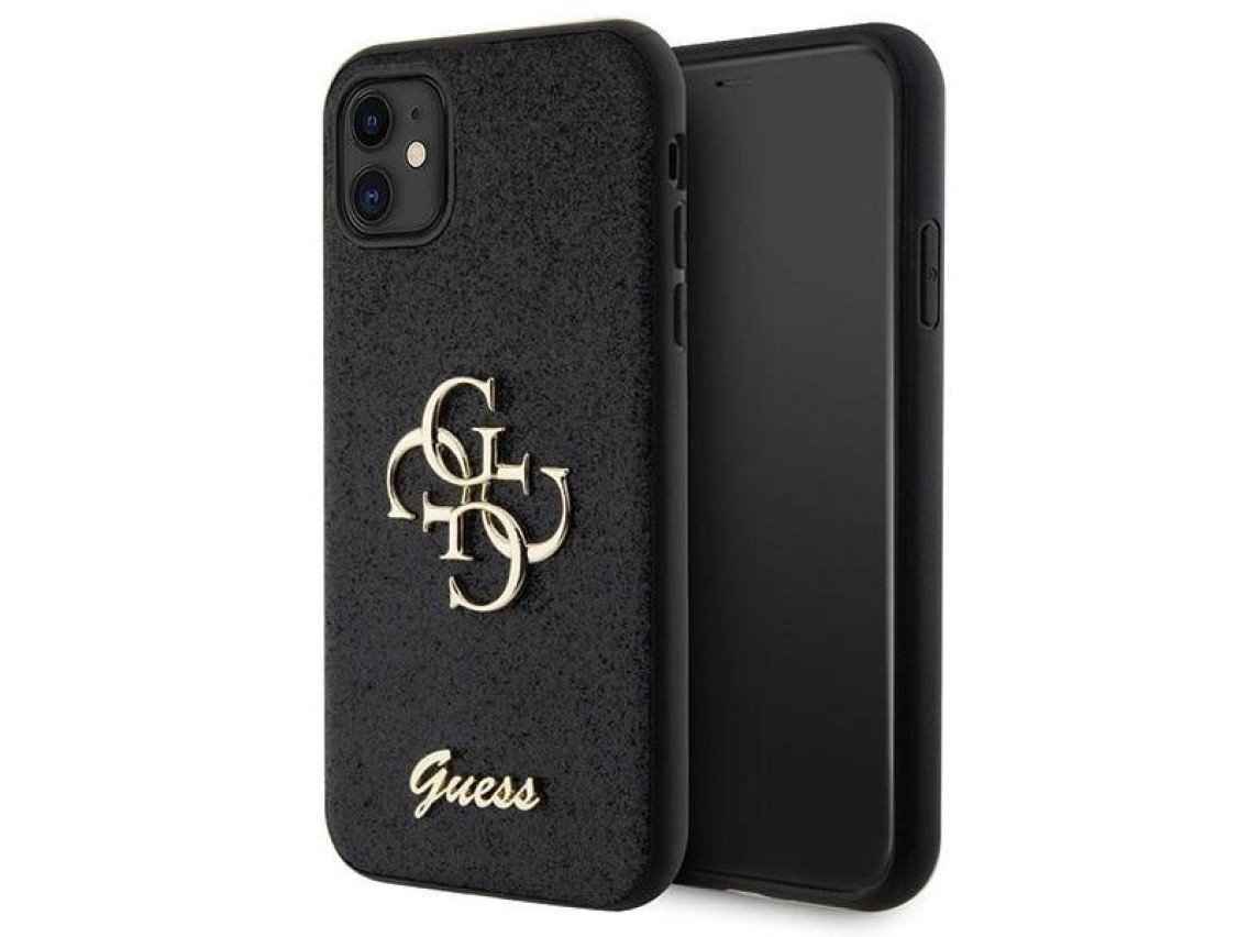 Capa Guess GUHCN61HG4SGK para iPhone 11 / Xr - preta com glitter e letras grandes 4G