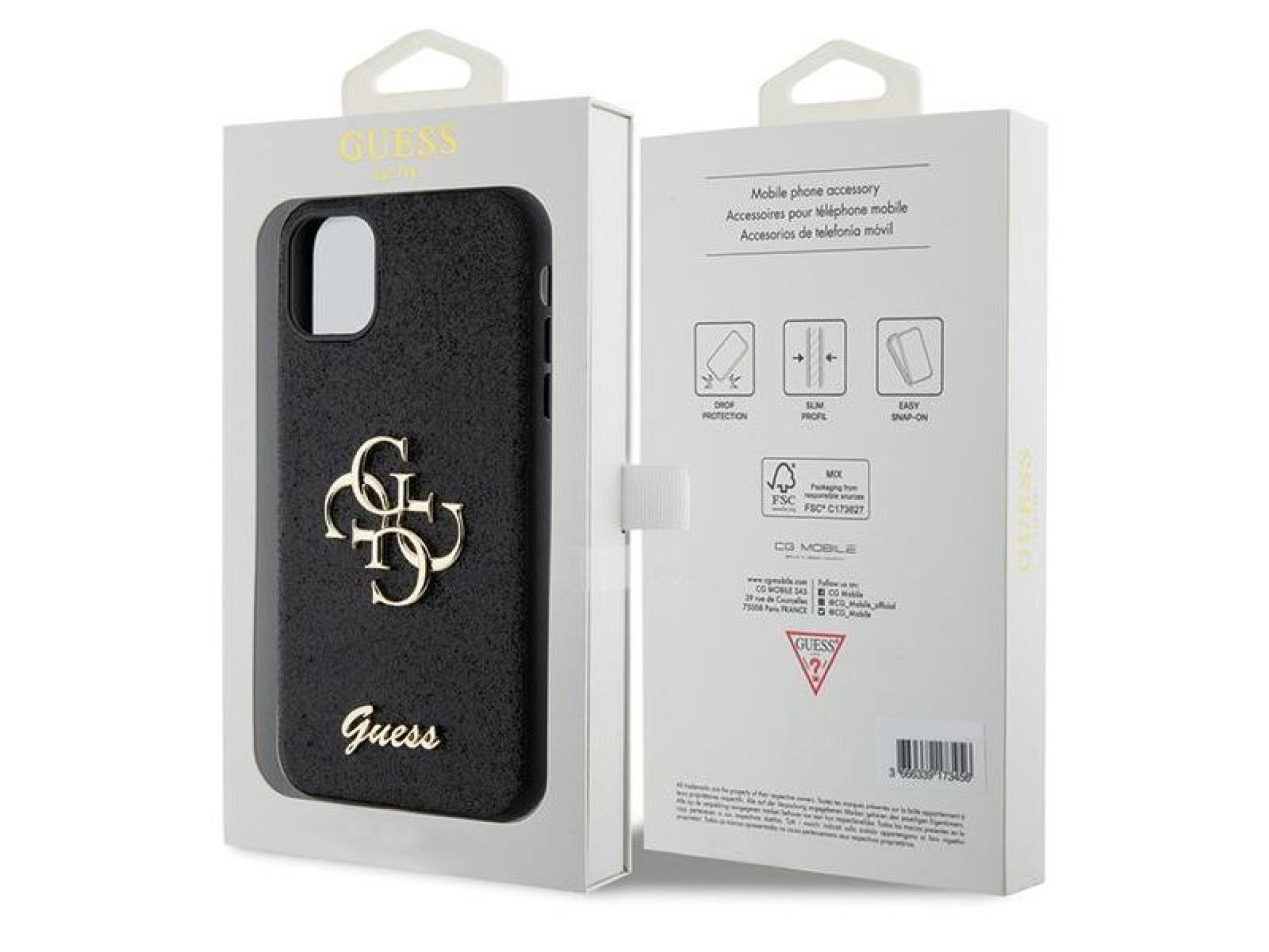 Capa Guess GUHCN61HG4SGK para iPhone 11 / Xr - preta com glitter e letras grandes 4G