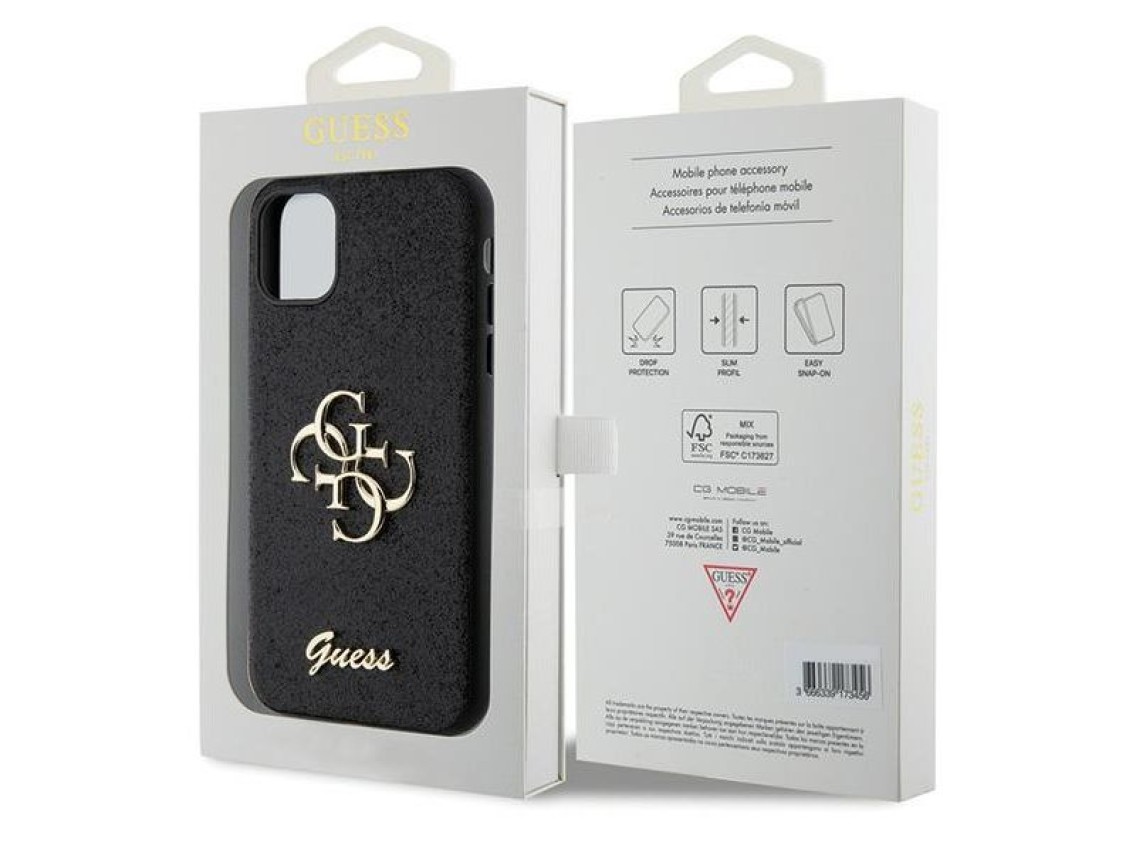 Capa Guess GUHCN61HG4SGK para iPhone 11 / Xr - preta com glitter e letras grandes 4G