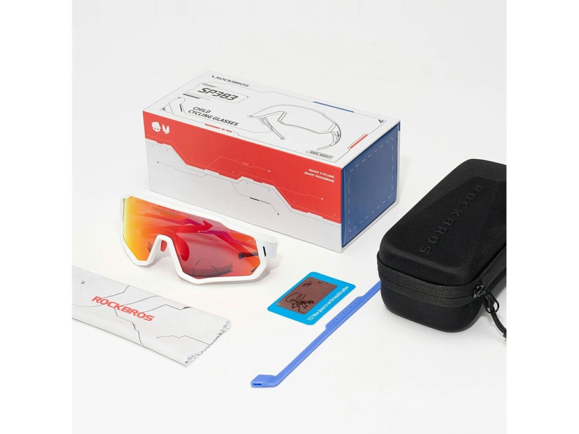 Óculos de ciclismo Rockbros SP383 Shining Warrior - Armação branca fosca, lentes vermelhas polarizad