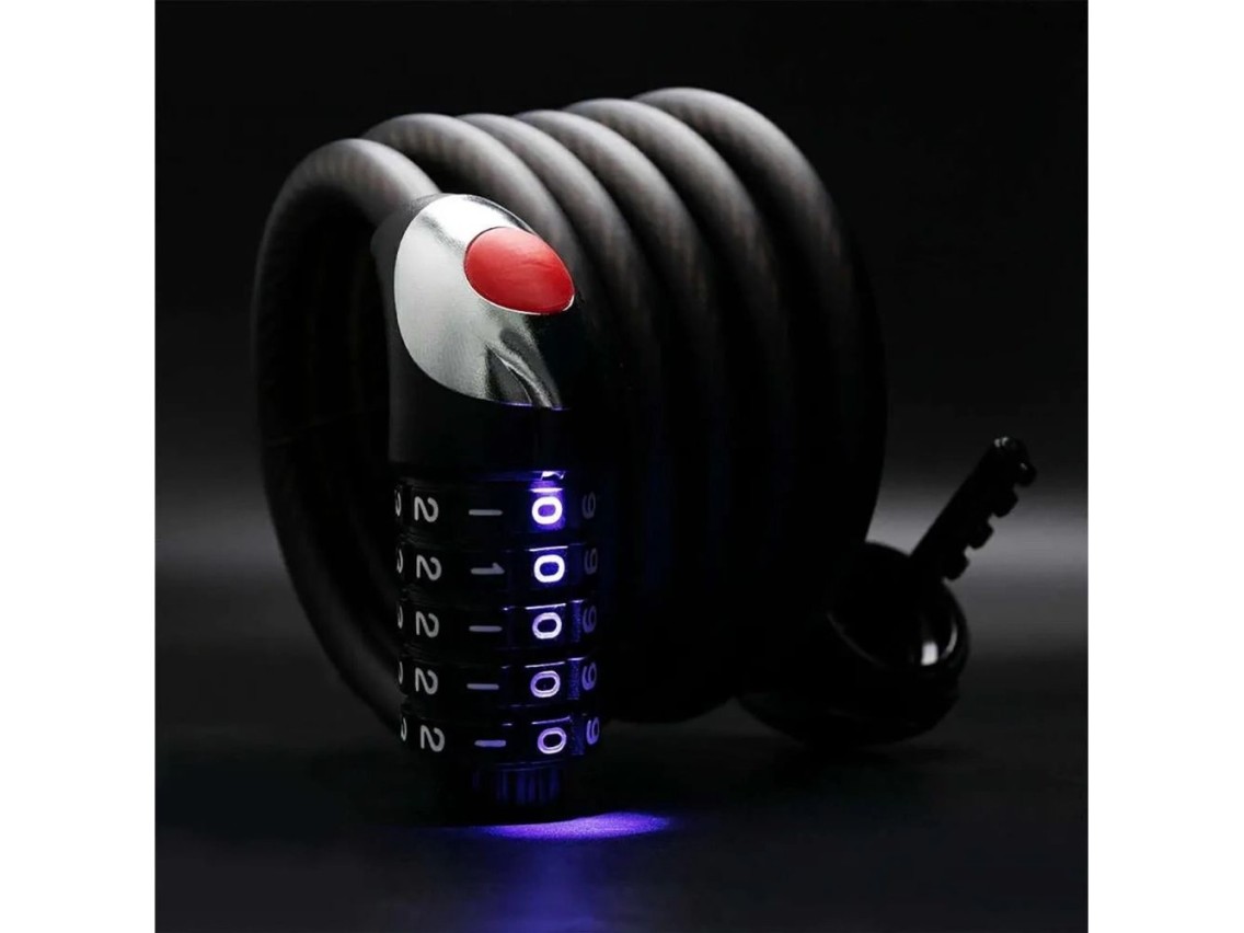 Cadeado para bicicleta Rockbros RKS531 com código de 5 dígitos, cabo de aço de 180 cm com iluminação