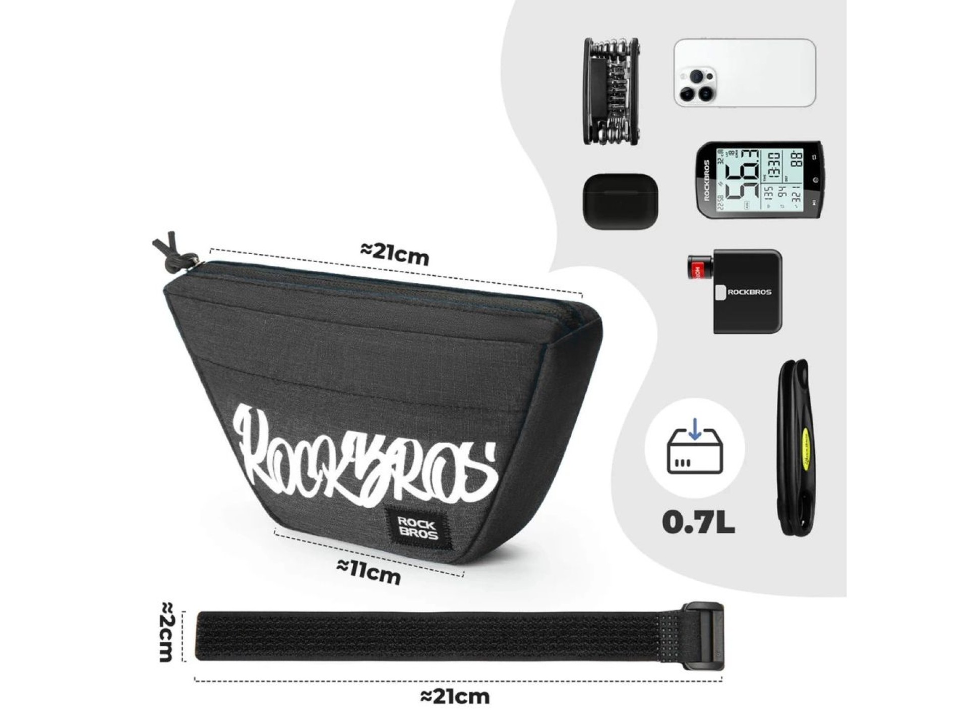 Bolsa trapezoidal para guidão de bicicleta Rockbros G011 Flash Journey, 0,7 l - preta