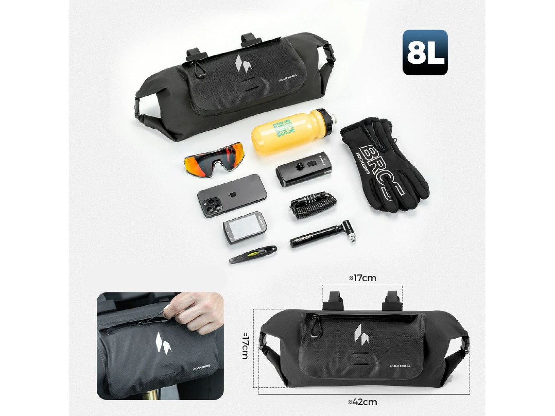 Bolsa impermeável para guidão de bicicleta Rockbros AS-154, 8L - Preta