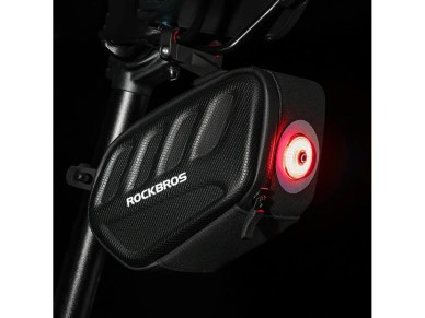 Bolsa para sillín de bicicleta Rockbros C61 con luz trasera inteligente de 0,45 L - Negra Bolsa para sillín de bicicleta Rockbros C61 con luz trasera inteligente de 0,45 L - Negra