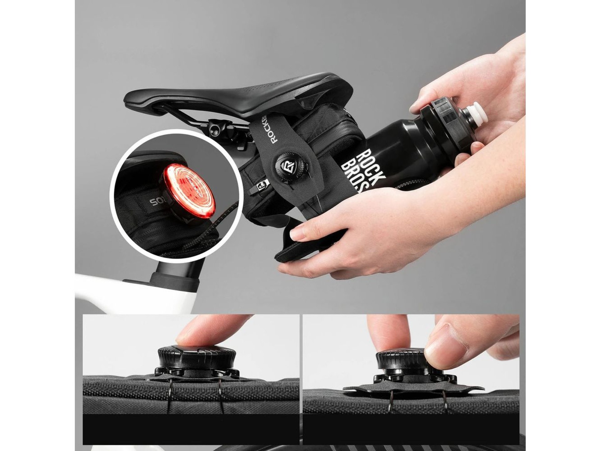 Bolsa de selim para bicicleta Rockbros P010 de 0,2L com suporte para garrafa de 0,6L - Preta