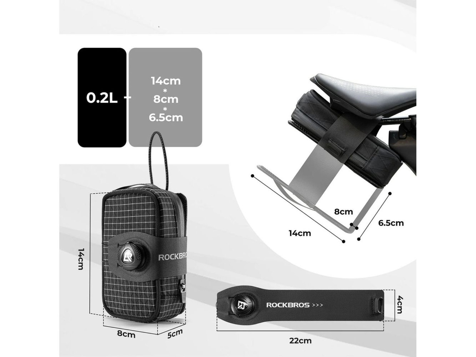 Bolsa de selim para bicicleta Rockbros P010 de 0,2L com suporte para garrafa de 0,6L - Preta