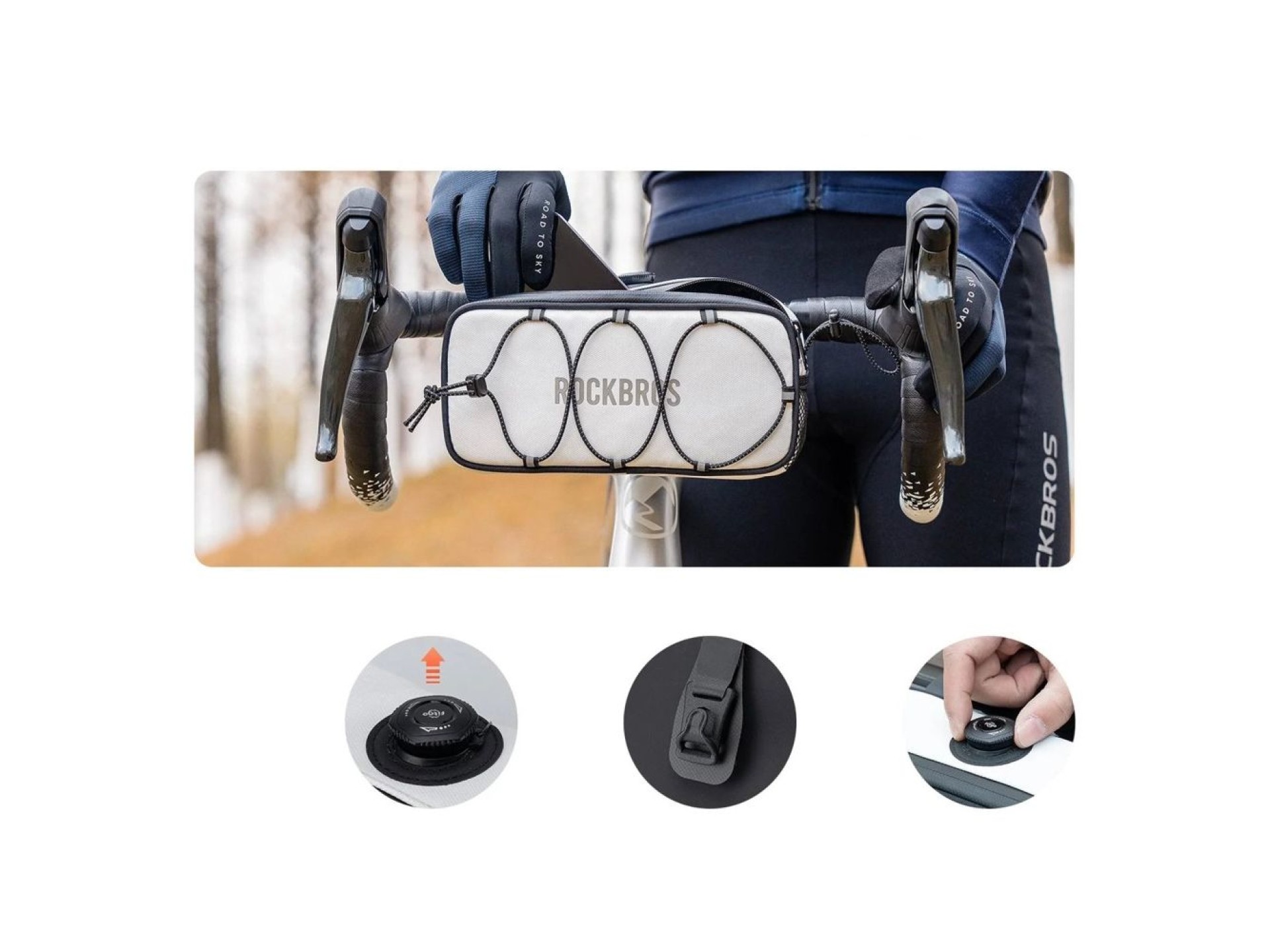 Bolsa de guidão impermeável Rockbros TL001 ROAD TO SKY 1.9L para bicicleta - Branca