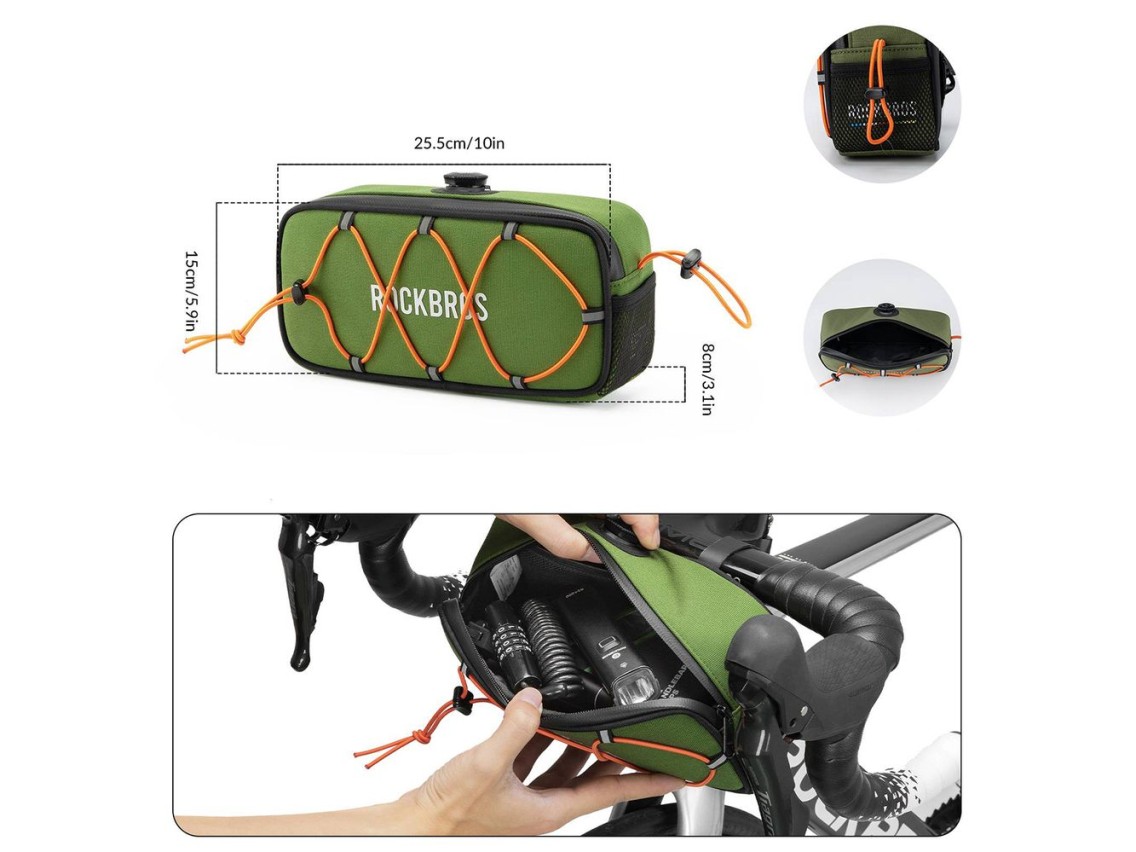 Bolsa de guidão impermeável Rockbros TL001 ROAD TO SKY 1.9L para bicicleta - Verde