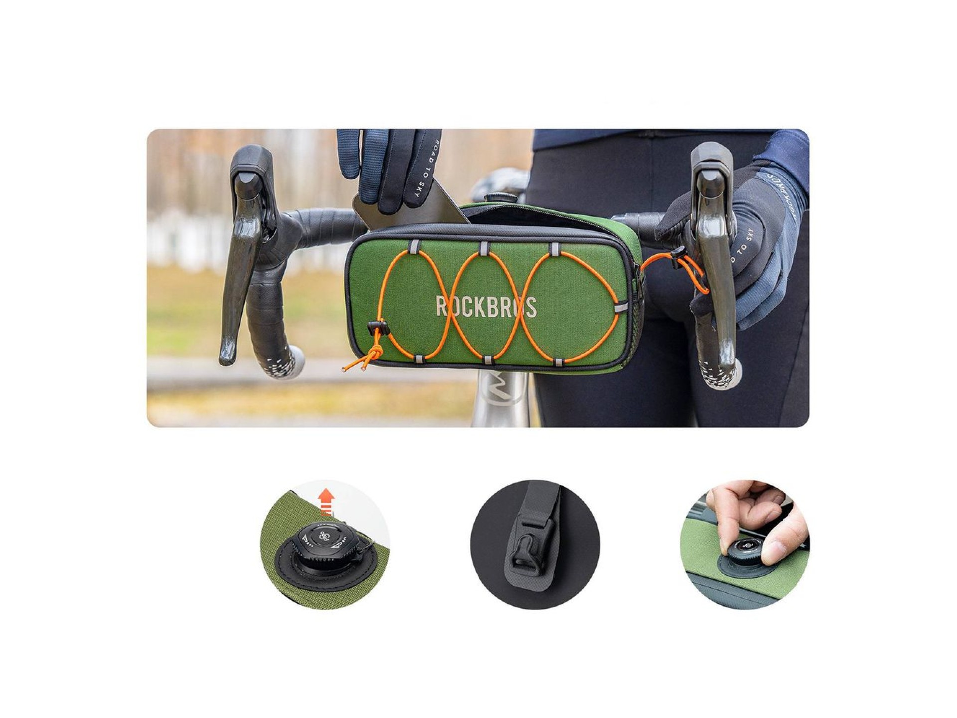 Bolsa de guidão impermeável Rockbros TL001 ROAD TO SKY 1.9L para bicicleta - Verde