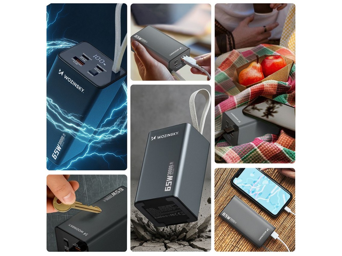 Powerbank Wozinsky K65+ 65W 30000mAh 2x USB-C, 1x USB-A 65W - gris