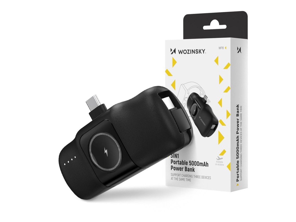 Mini batería externa Wozinsky WF16-YCS de 5000 mAh y 15 W con USB-C, cable USB-C integrado y cargado