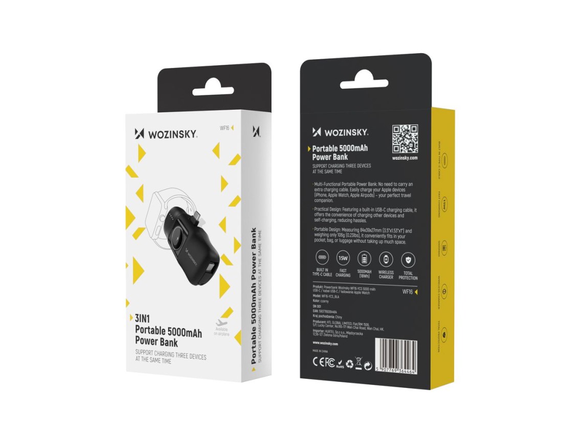 Mini batería externa Wozinsky WF16-YCS de 5000 mAh y 15 W con USB-C, cable USB-C integrado y cargado