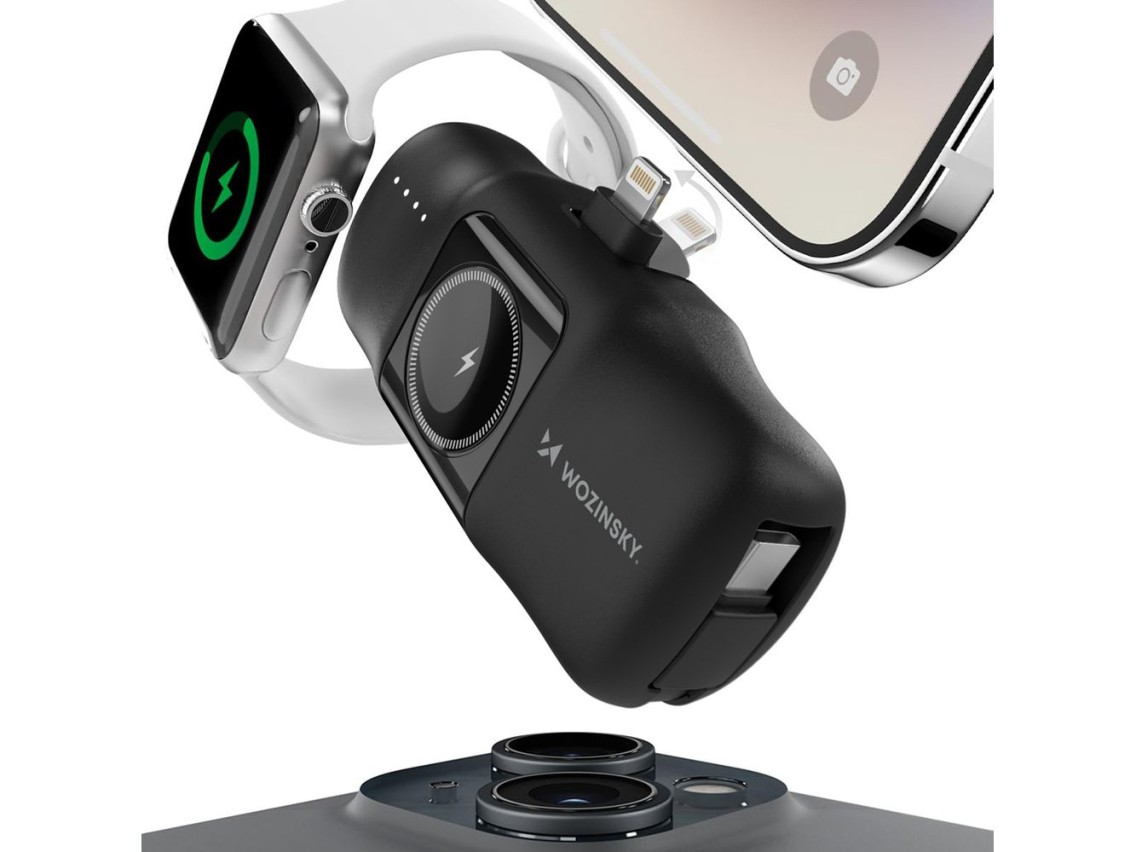 Batería externa mini Lightning Wozinsky WF16-YLS de 5000 mAh y 15 W con cable USB-C integrado y carg