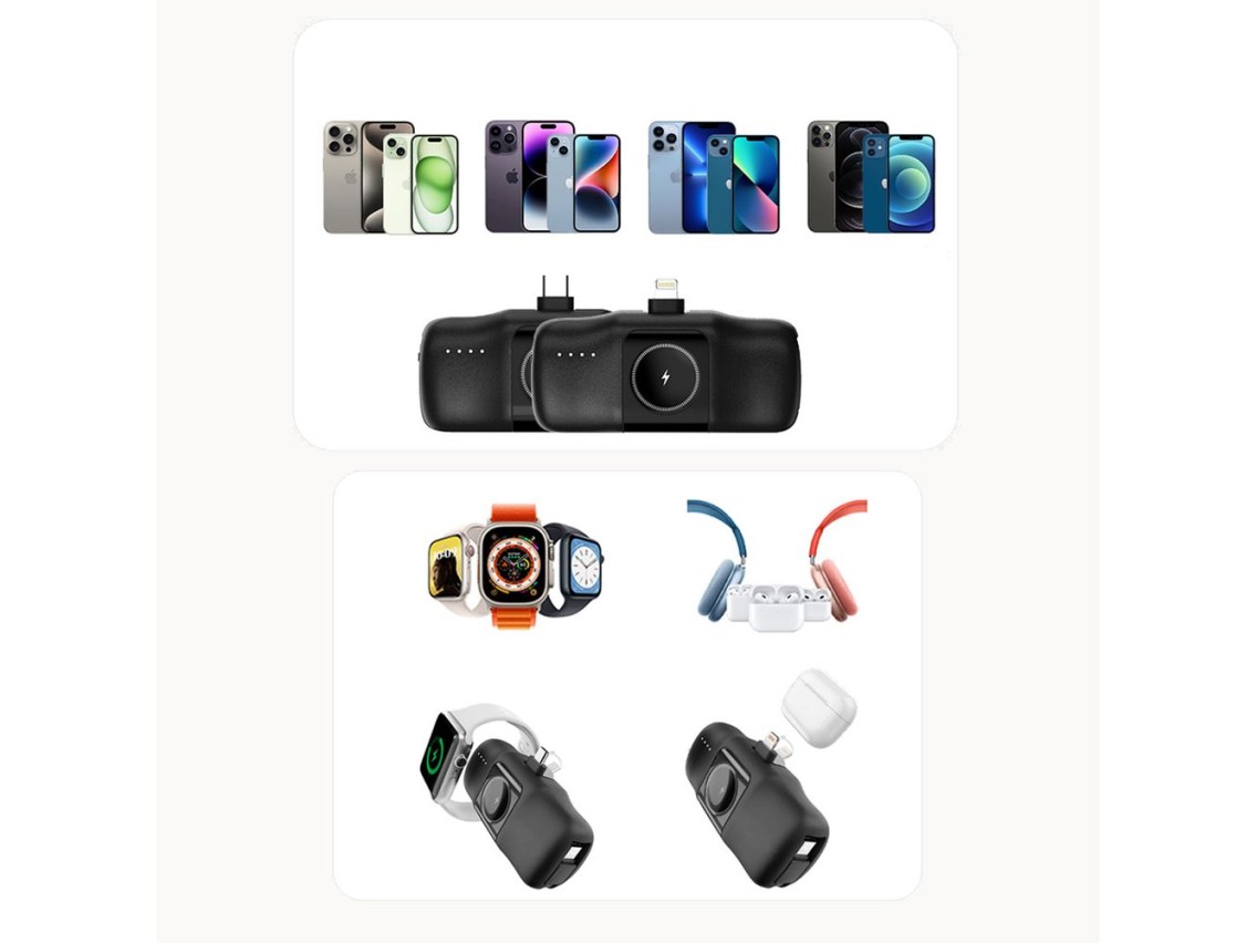 Batería externa mini Lightning Wozinsky WF16-YLS de 5000 mAh y 15 W con cable USB-C integrado y carg