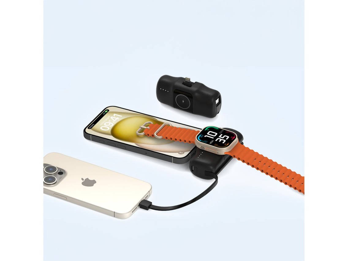 Batería externa mini Lightning Wozinsky WF16-YLS de 5000 mAh y 15 W con cable USB-C integrado y carg