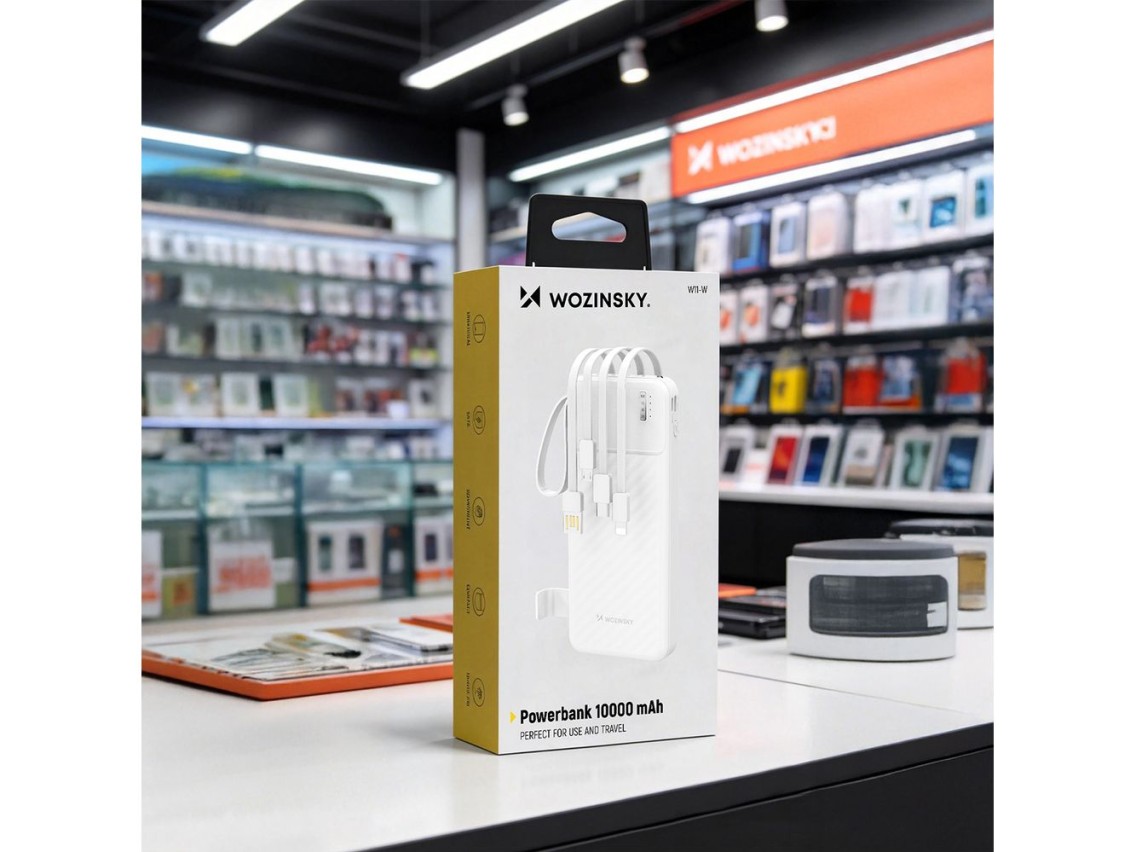 Wozinsky W11-W 10000mAh 10W Powerbank with Built-in Cables and Flashlight - White