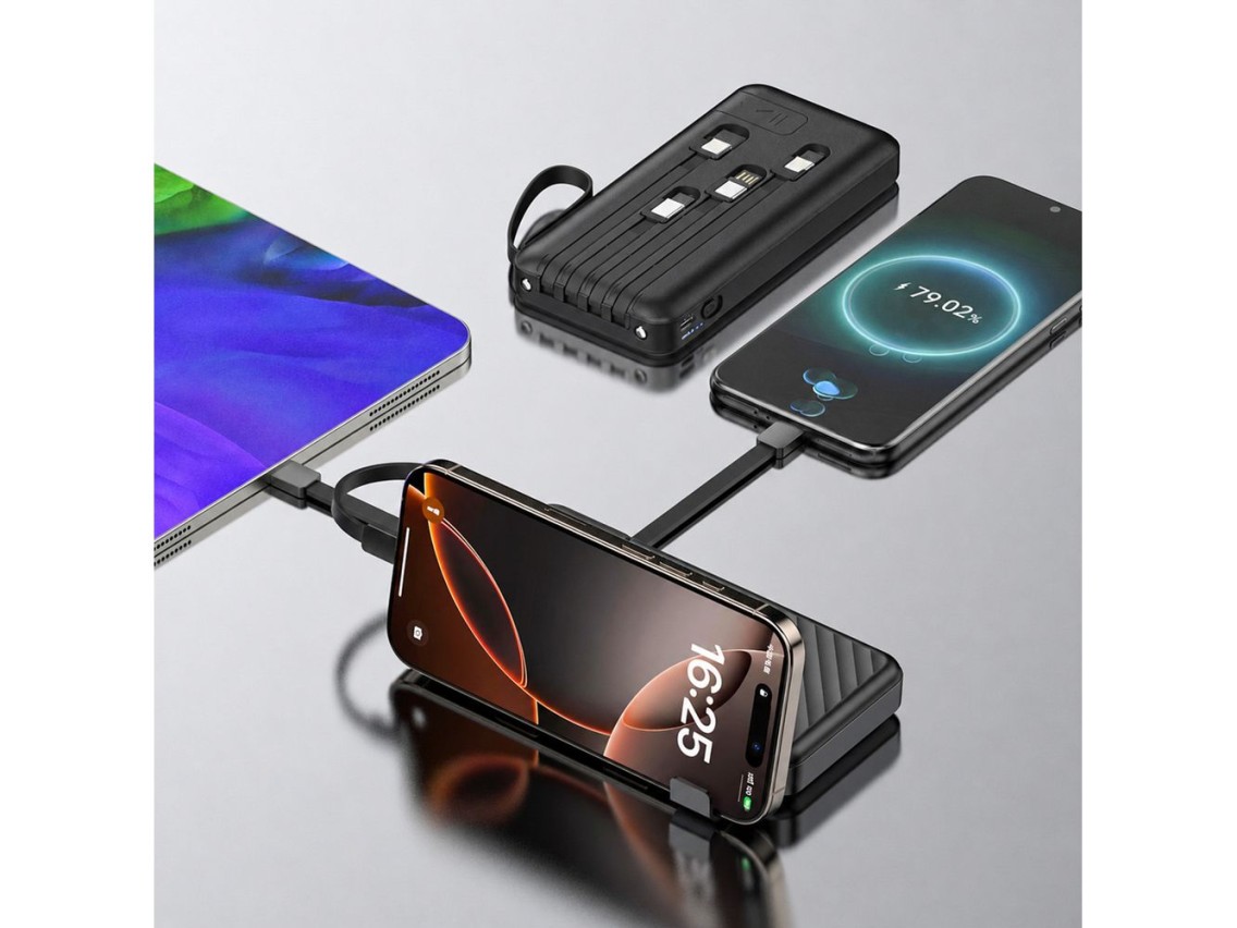 Bateria externa Wozinsky W11-B de 10000mAh e 10W com cabos e lanterna integrados - Preta