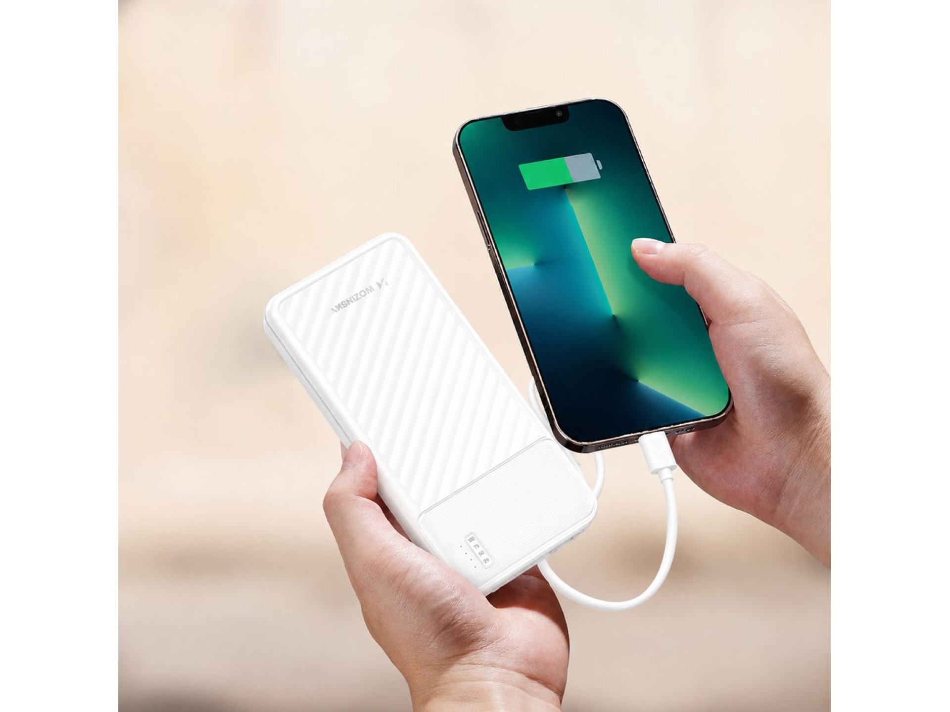 Batería externa Wozinsky W11-W de 10000 mAh y 10 W con cables integrados y linterna - Blanca