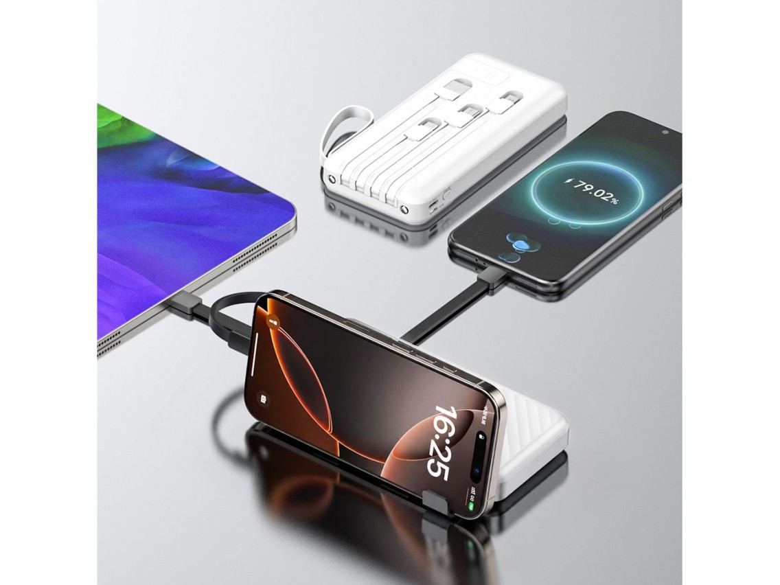 Wozinsky W11-W 10000mAh 10W Powerbank with Built-in Cables and Flashlight - White