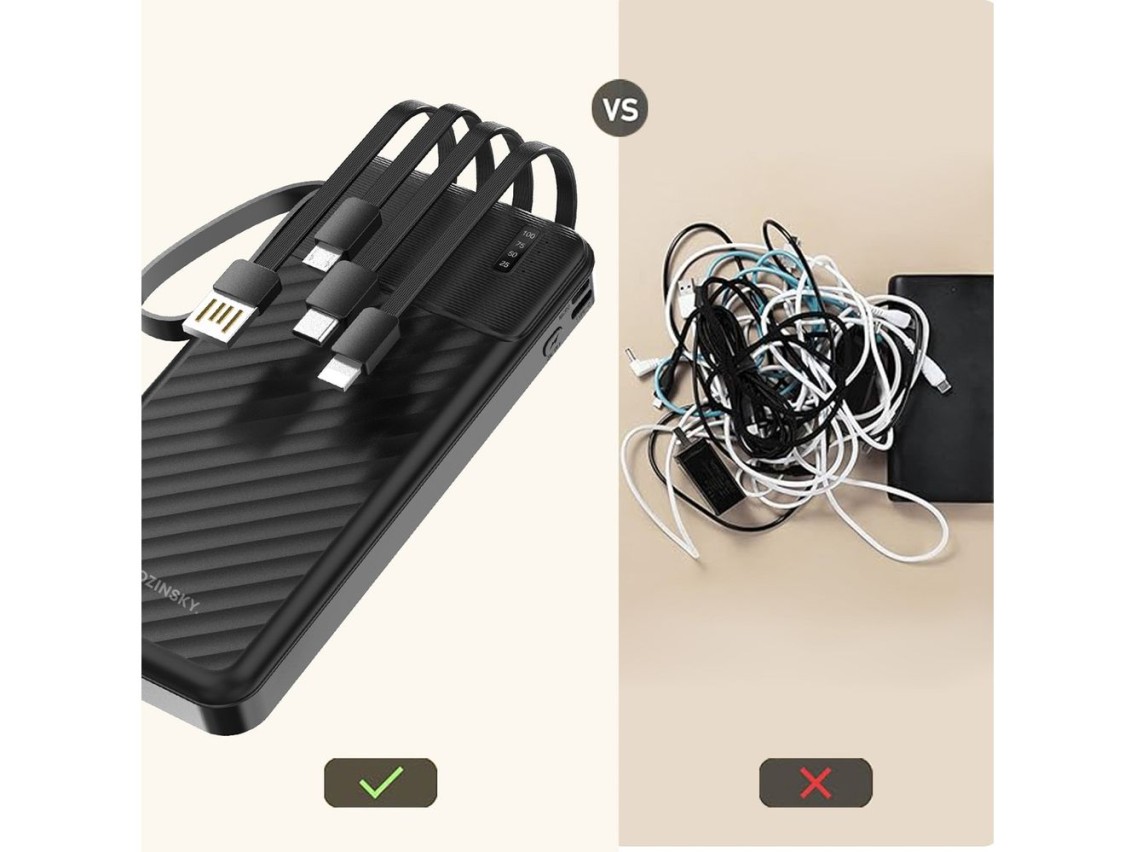 Bateria externa Wozinsky W11-B de 10000mAh e 10W com cabos e lanterna integrados - Preta