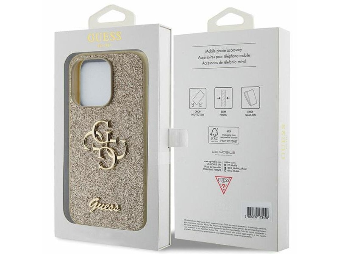 Funda Guess Glitter Script Big 4G para iPhone 15 Pro - Dorada