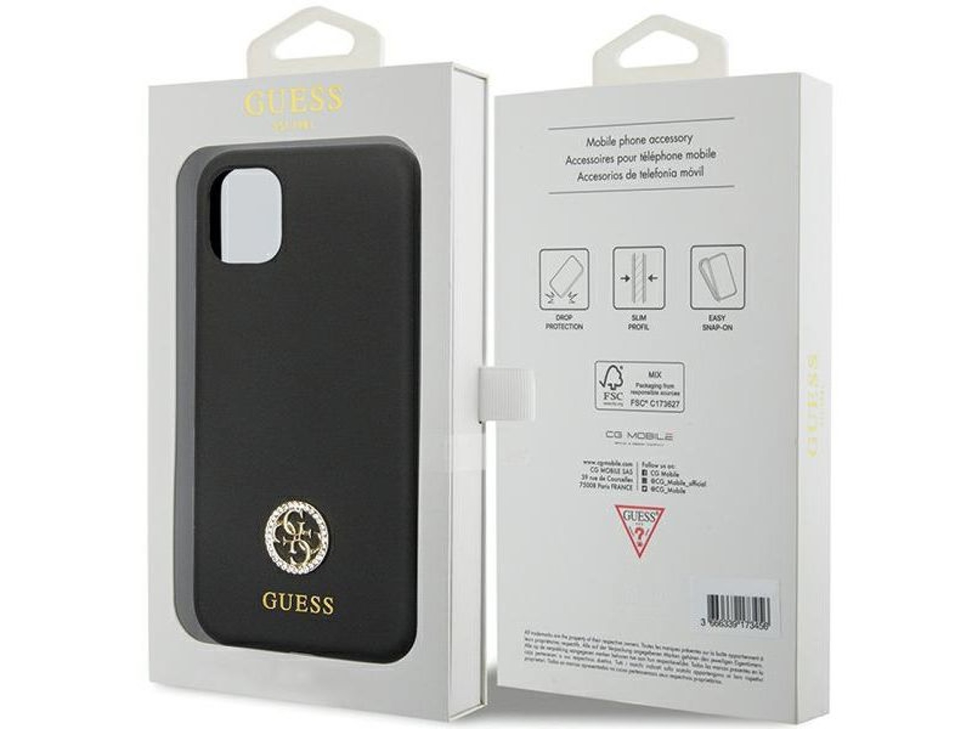 Funda Guess GUHCN614DGPK para iPhone 11 / Xr - Silicona negra con logo y pedrería 4G