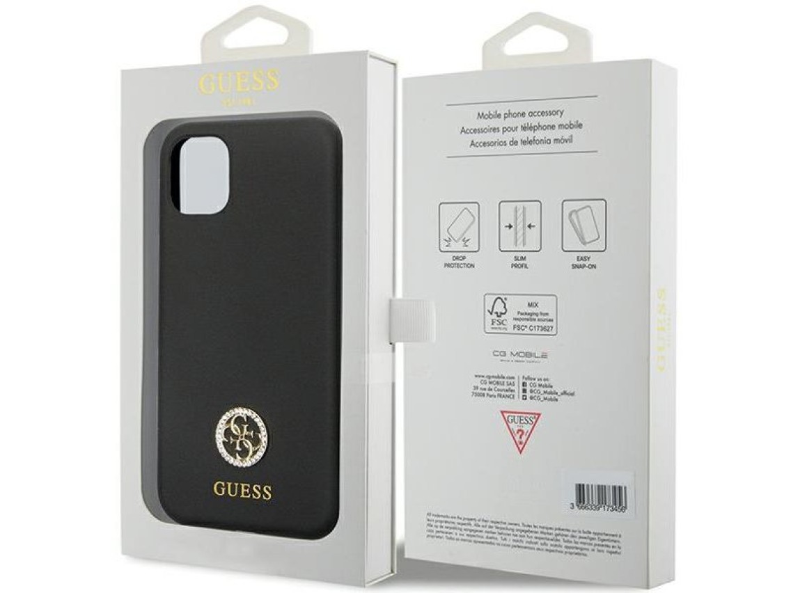 Funda Guess GUHCN614DGPK para iPhone 11 / Xr - Silicona negra con logo y pedrería 4G