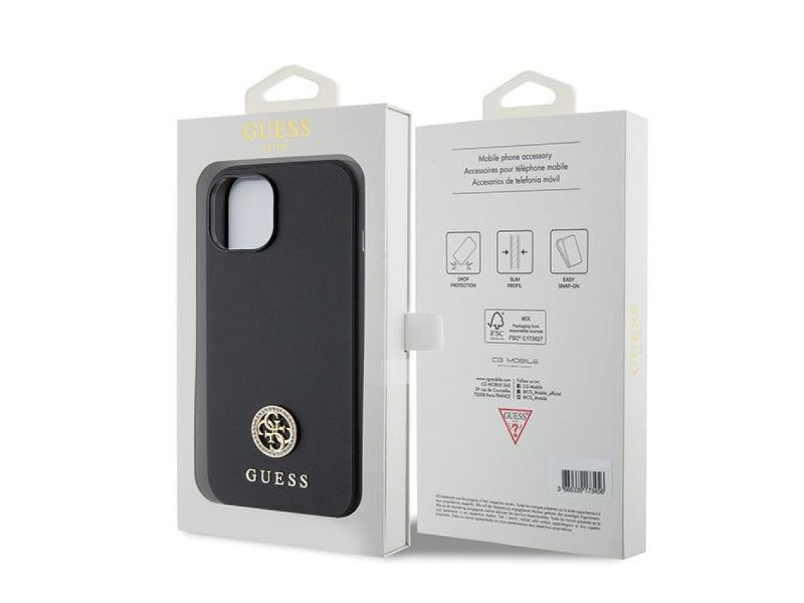 Capa rígida preta/preta Guess GUHCP15MPS4DGPK para iPhone 15 Plus de 6,7 polegadas com logotipo metá