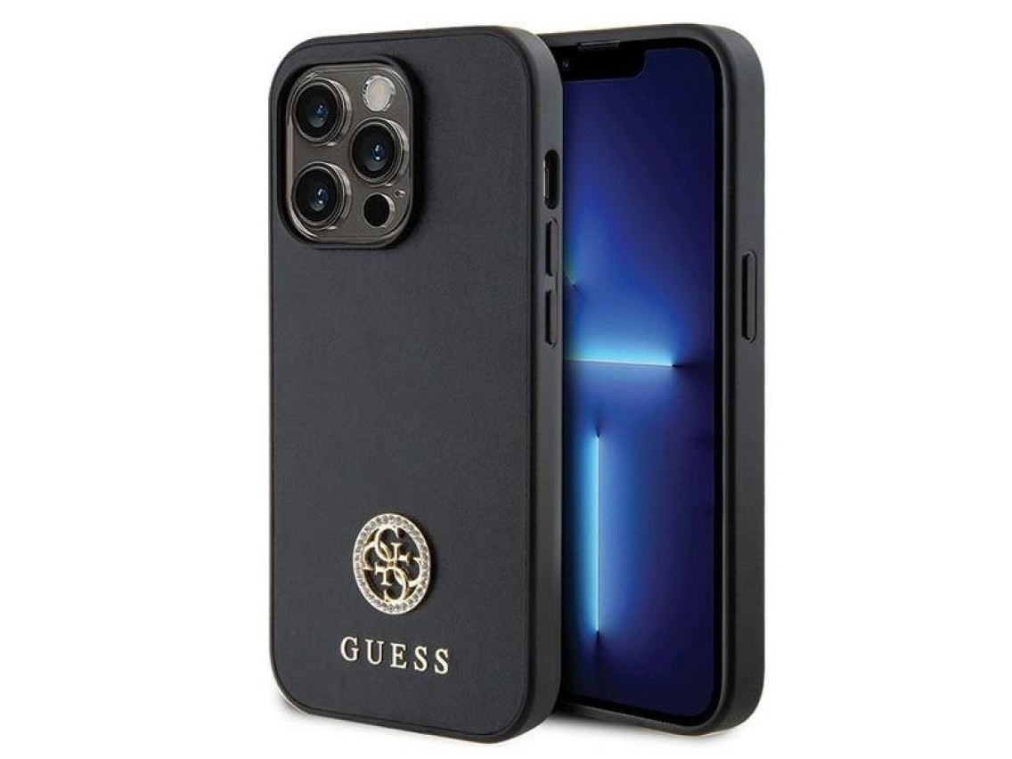Capa rígida preta/preta Guess GUHCP15LPS4DGPK para iPhone 15 Pro de 6,1 polegadas com logotipo metál