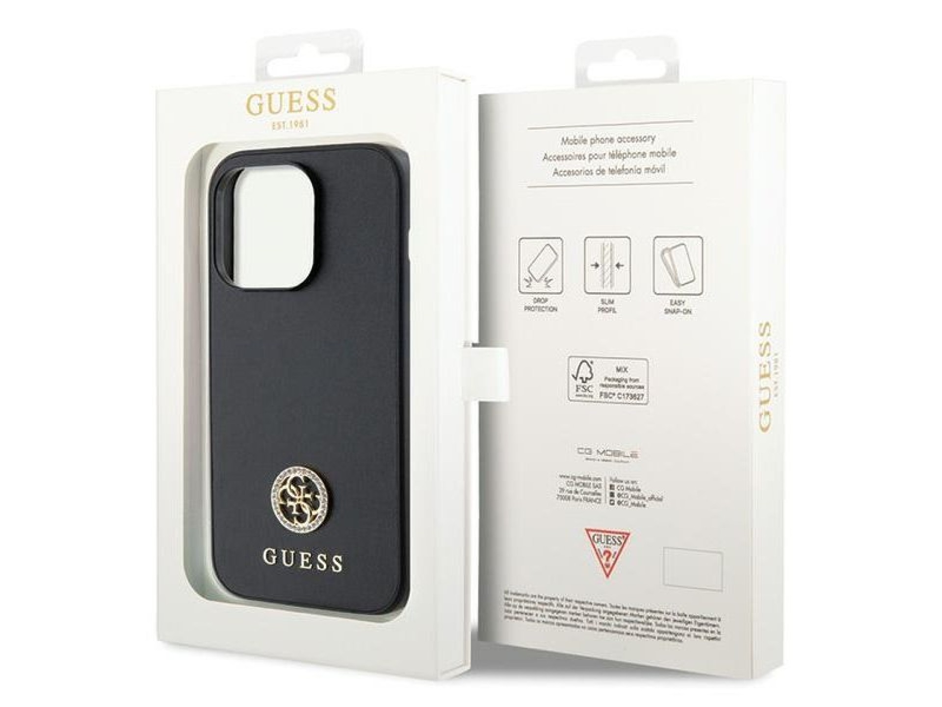 Capa rígida preta/preta Guess GUHCP15LPS4DGPK para iPhone 15 Pro de 6,1 polegadas com logotipo metál