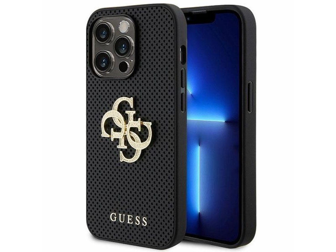 Funda Guess de piel perforada con logo brillante 4G para iPhone 15 Pro - Negra