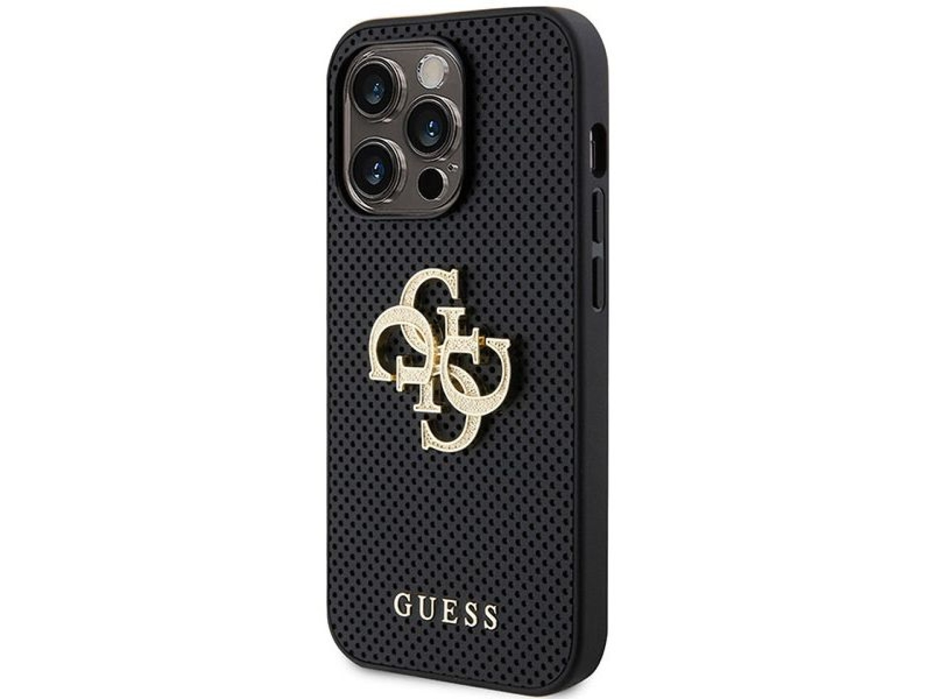 Funda Guess de piel perforada con logo brillante 4G para iPhone 15 Pro - Negra