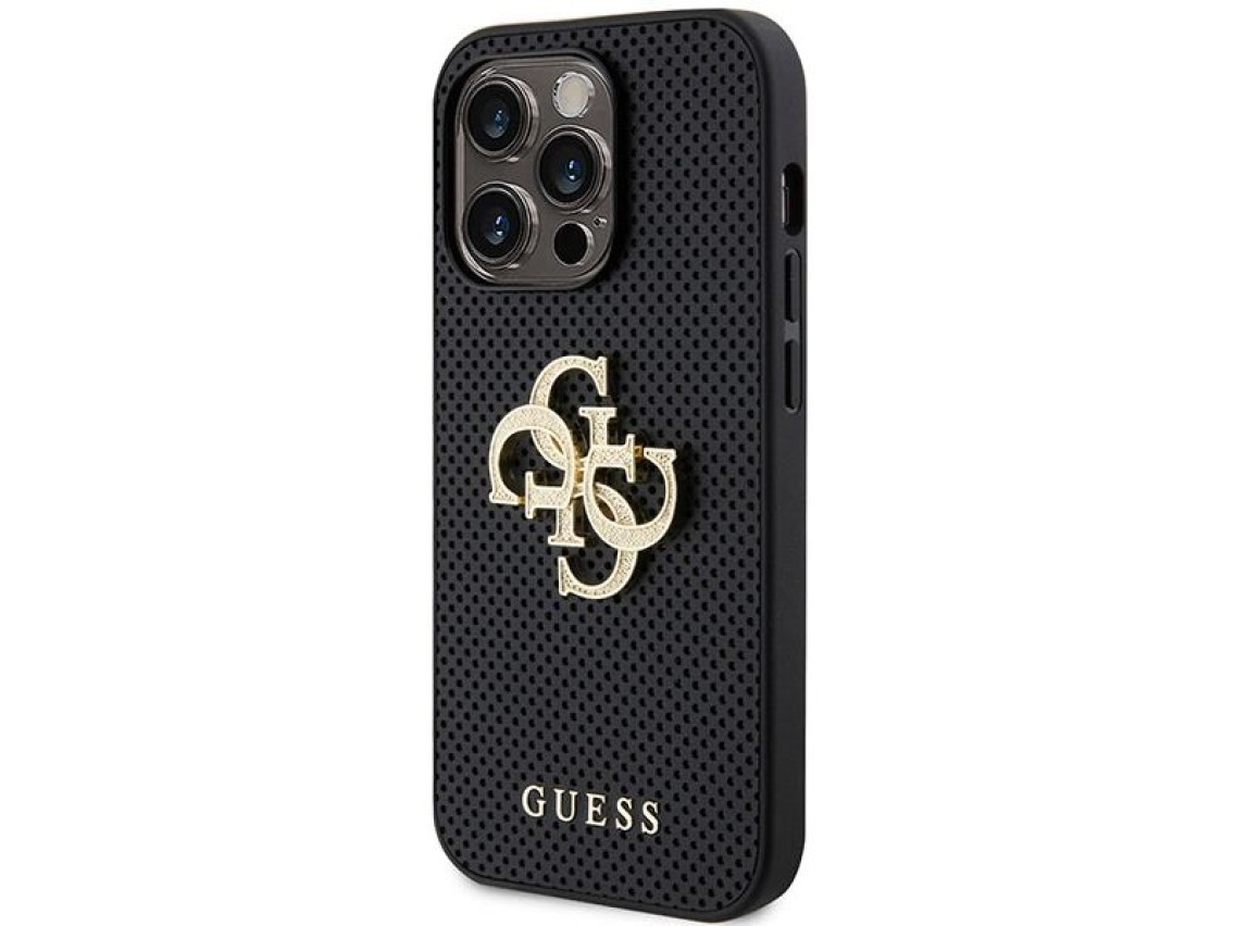 Funda Guess de piel perforada con logo brillante 4G para iPhone 15 Pro - Negra