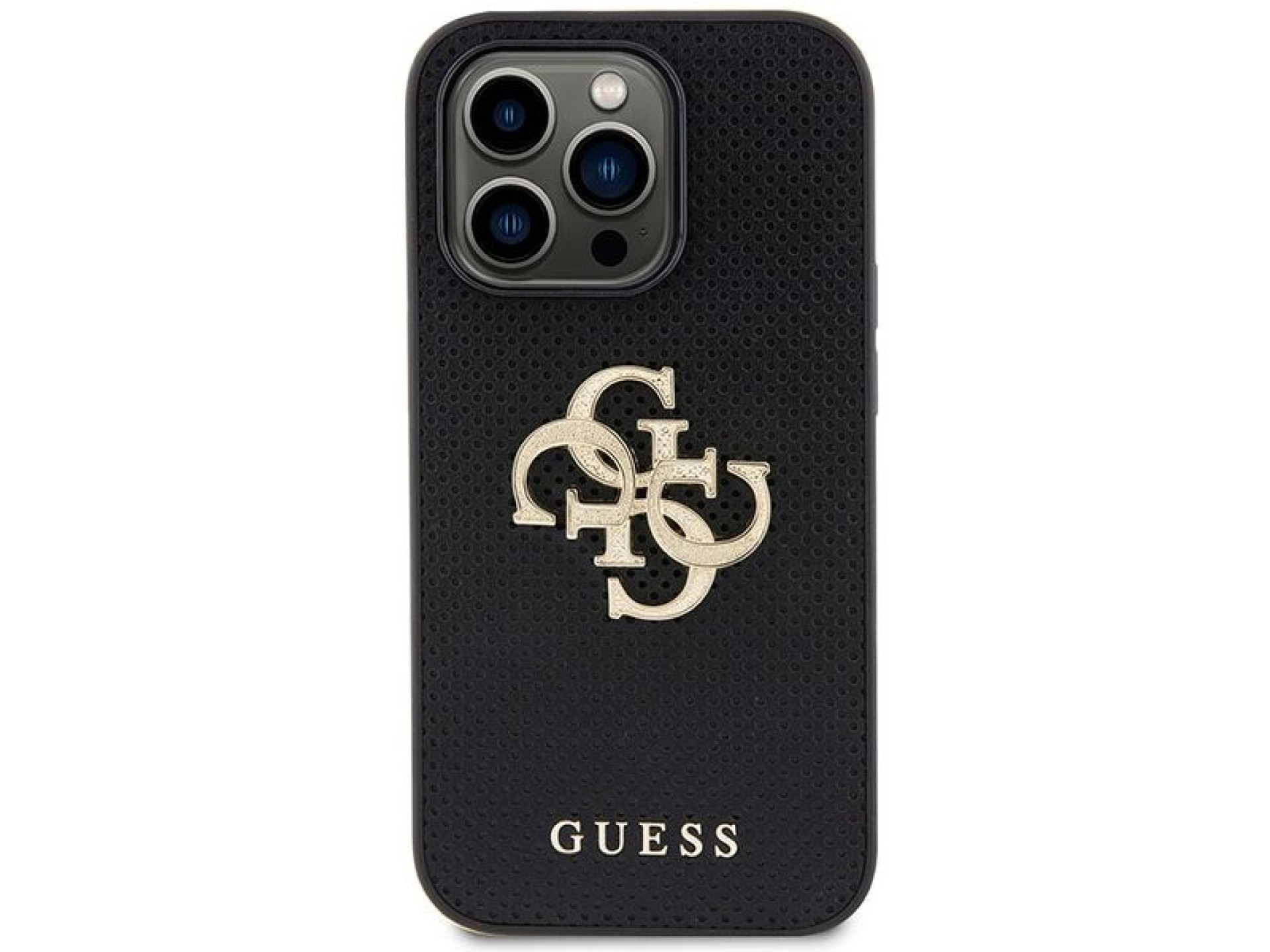 Funda Guess de piel perforada con logo brillante 4G para iPhone 15 Pro - Negra