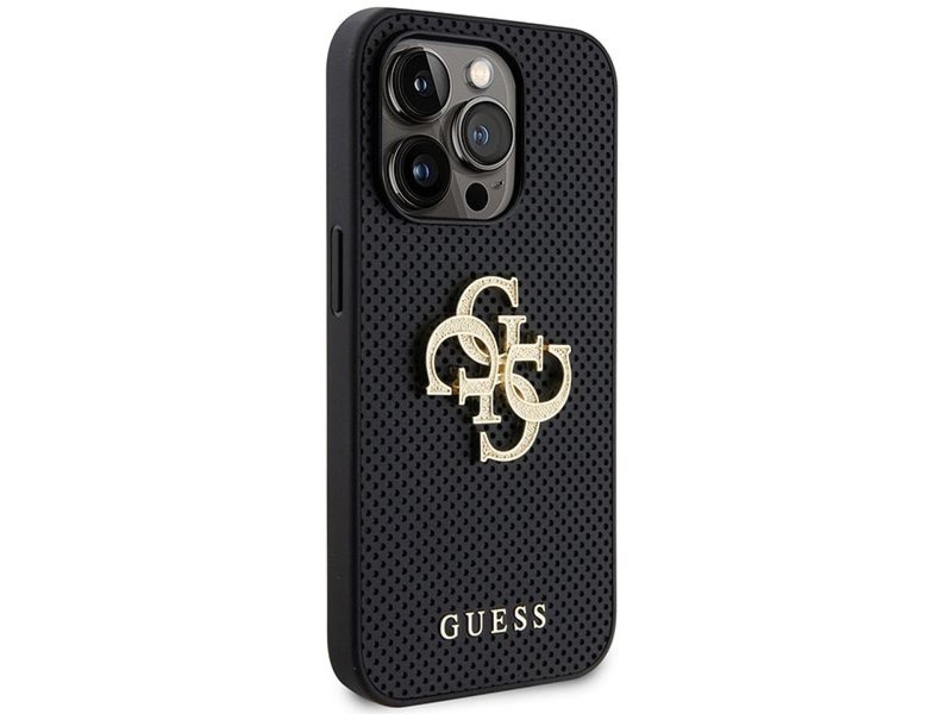 Funda Guess de piel perforada con logo brillante 4G para iPhone 15 Pro - Negra