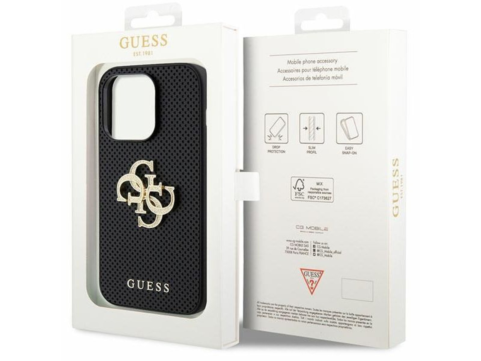 Funda Guess de piel perforada con logo brillante 4G para iPhone 15 Pro - Negra