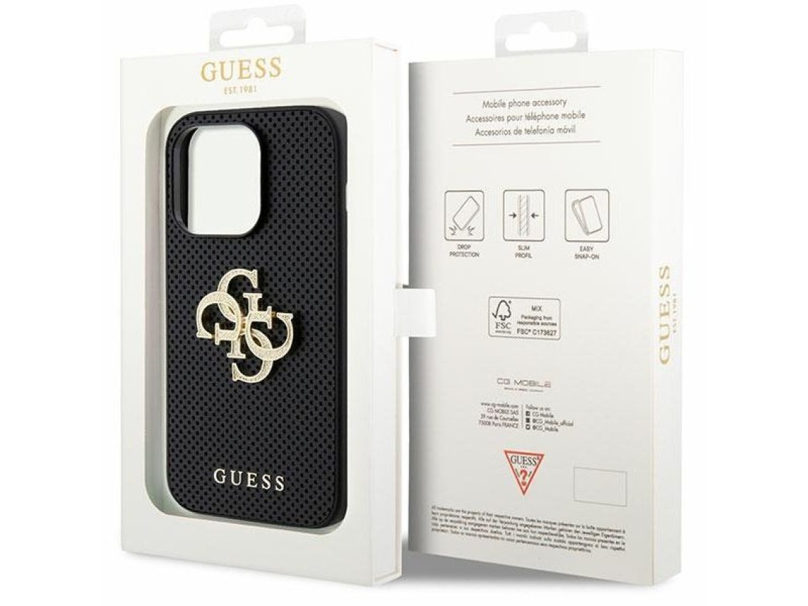 Funda Guess de piel perforada con logo brillante 4G para iPhone 15 Pro - Negra